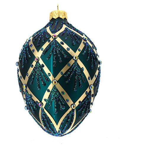 Oval Christmas ball with golden crossed lines, green glitter and iridescent beads, dark green blown glass, 100 mm 3