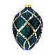 Oval Christmas ball with golden crossed lines, green glitter and iridescent beads, dark green blown glass, 100 mm s1