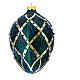 Oval Christmas ball with golden crossed lines, green glitter and iridescent beads, dark green blown glass, 100 mm s3