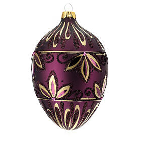 Oval Christmas ball with golden flowers and purple glitter, dark purple blown glass, 100 mm