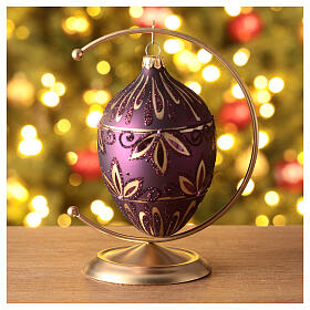 Oval Christmas ball with golden flowers and purple glitter, dark purple blown glass, 100 mm