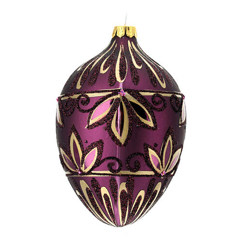 Oval Christmas ball with golden flowers and purple glitter, dark purple blown glass, 100 mm 3