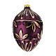 Oval Christmas ball with golden flowers and purple glitter, dark purple blown glass, 100 mm s1