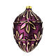 Oval Christmas ball with golden flowers and purple glitter, dark purple blown glass, 100 mm s3