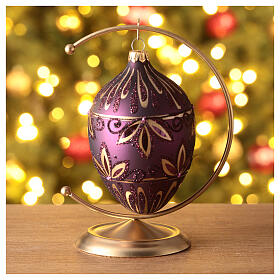 Purple oval Christmas bauble in blown glass with flowers 100mm