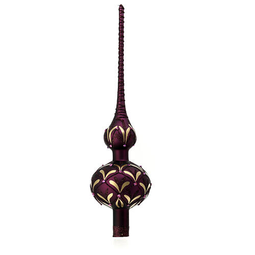 Christmas tree topper of blown glass, gold and purple with beads, 35 cm 1