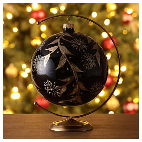 Christmas ball of glossy black blown glass, golden floral pattern 150 mm