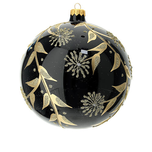 Christmas ball of glossy black blown glass, golden floral pattern 150 mm 1