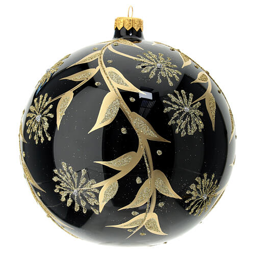 Christmas ball of glossy black blown glass, golden floral pattern 150 mm 3