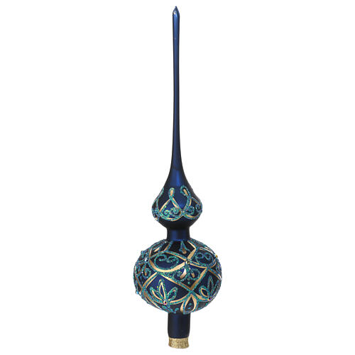 Christmas tree topper of blown glass, gold and blue with glitter and beads, 35 cm 1