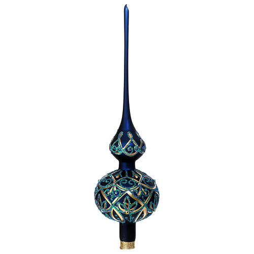 Christmas tree topper of blown glass, gold and blue with glitter and beads, 35 cm 3