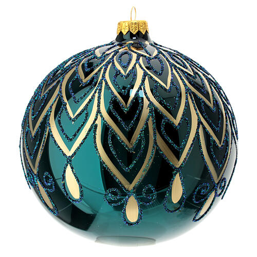 Weihnachtskugel blau floral dekoriert gold aus Glas, 150 mm 1