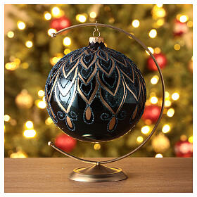 Christmas ball of glossy blue blown glass, golden drop pattern 150 mm