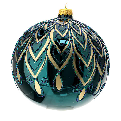 Christmas ball of glossy blue blown glass, golden drop pattern 150 mm 3