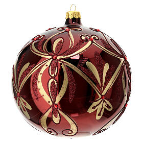 Christmas ball of glossy burgundy blown glass, golden floral pattern and red beads, 150 mm