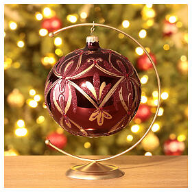 Christmas ball of glossy burgundy blown glass, golden floral pattern and red beads, 150 mm