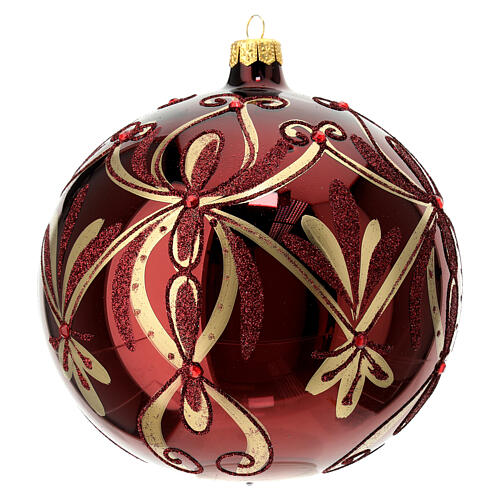 Christmas ball of glossy burgundy blown glass, golden floral pattern and red beads, 150 mm 1