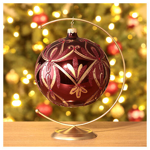 Christmas ball of glossy burgundy blown glass, golden floral pattern and red beads, 150 mm 2