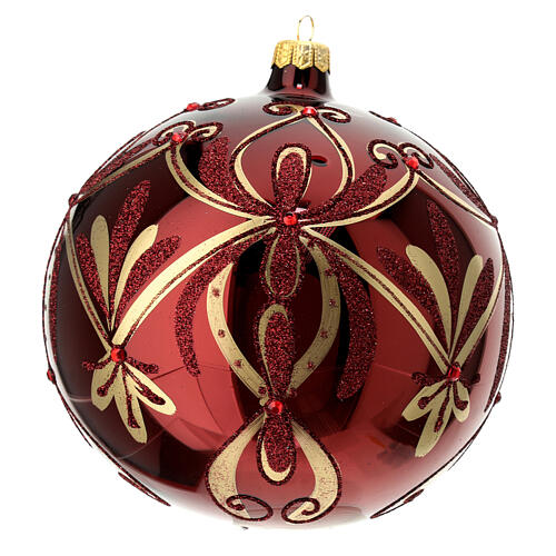 Christmas ball of glossy burgundy blown glass, golden floral pattern and red beads, 150 mm 3