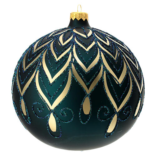 Christmas ball of matte green blown glass, golden drop pattern 150 mm 3
