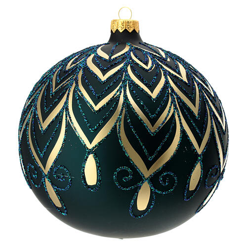 Bola árvore de Natal vidro soprado verde opaco, decoração dourada e glitter 150 mm 1