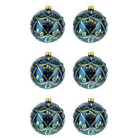 Set of 6 Christmas balls, blue and gold blown glass, 80 mm