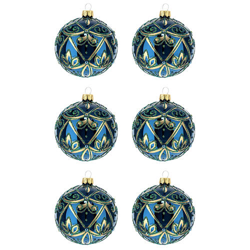 Set of 6 Christmas balls, blue and gold blown glass, 80 mm 1