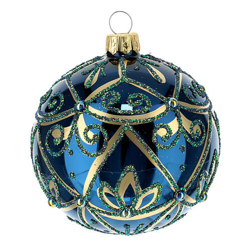 Set of 6 Christmas balls, blue and gold blown glass, 80 mm 2