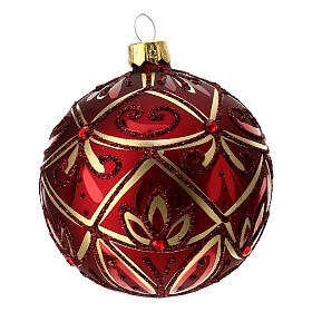 Set of 6 Christmas balls, burgundy and gold blown glass, 80 mm