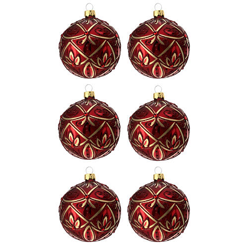 Set of 6 Christmas balls, burgundy and gold blown glass, 80 mm 1