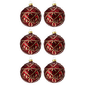 Set of 6 Christmas balls red gold blown glass 80mm