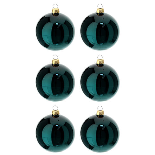 Set of 6 Christmas balls, green blown glass, 80 mm 1