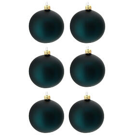 Set of 6 Christmas balls, matte green blown glass, 80 mm