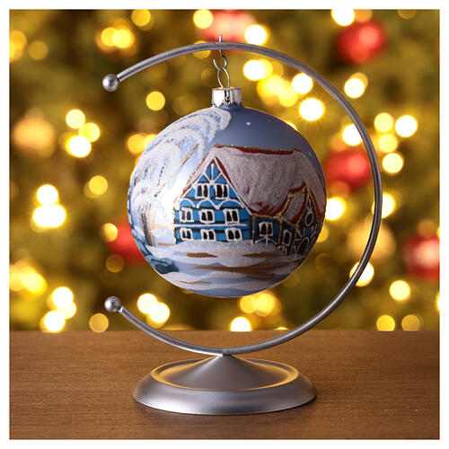 Christmas ball of light blue blown glass, house in the snow, 100 mm 2