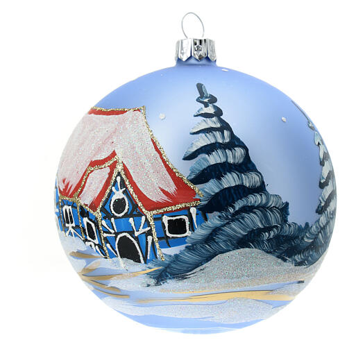 Christmas ball of light blue blown glass, house in the snow, 100 mm 3