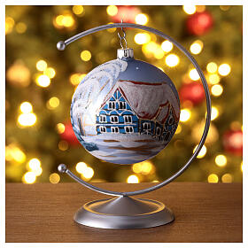 Pallina di Natale azzurra casa innevata vetro soffiato 100mm