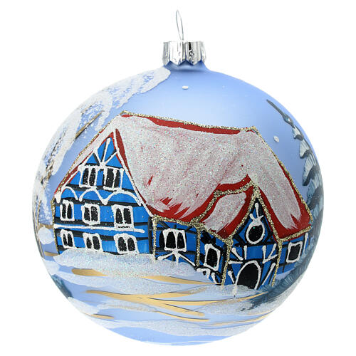 Pallina di Natale azzurra casa innevata vetro soffiato 100mm 1