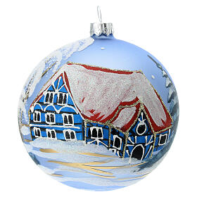 Blue Christmas ball with snowy winter house 100mm blown glass