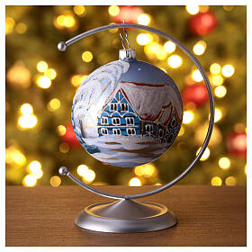 Blue Christmas ball with snowy winter house 100mm blown glass