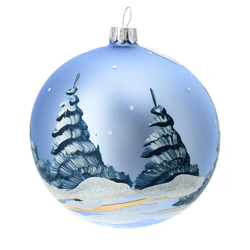 Blue Christmas ball with snowy winter house 100mm blown glass 4