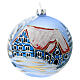 Blue Christmas ball with snowy winter house 100mm blown glass s1