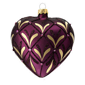 Heart-shaped Christmas ball, dark purple blown glass with golden leaf pattern, 100 mm