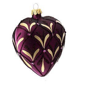 Heart-shaped Christmas ball, dark purple blown glass with golden leaf pattern, 100 mm