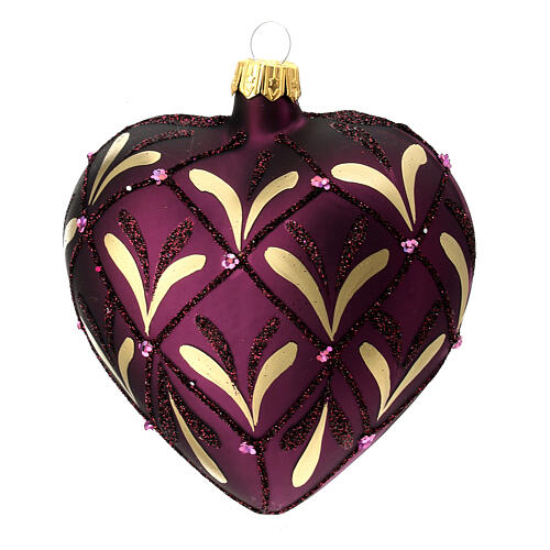 Heart-shaped Christmas ball, dark purple blown glass with golden leaf pattern, 100 mm 3