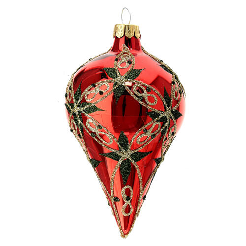 Pointed Christmas ball of glossy red blown glass, green and gold floral pattern, 80 mm 1