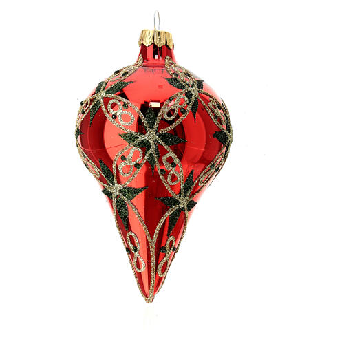 Pointed Christmas ball of glossy red blown glass, green and gold floral pattern, 80 mm 2