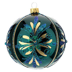 Christmas ball of glossy green blown glass, glittery and golden flowers, 100 mm