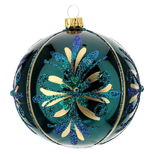 Christmas ball of glossy green blown glass, glittery and golden flowers, 100 mm 1