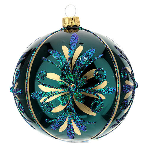 Boule de Noël bleu paon motif floral verre soufflé 100 mm 1