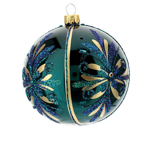 Boule de Noël bleu paon motif floral verre soufflé 100 mm 3